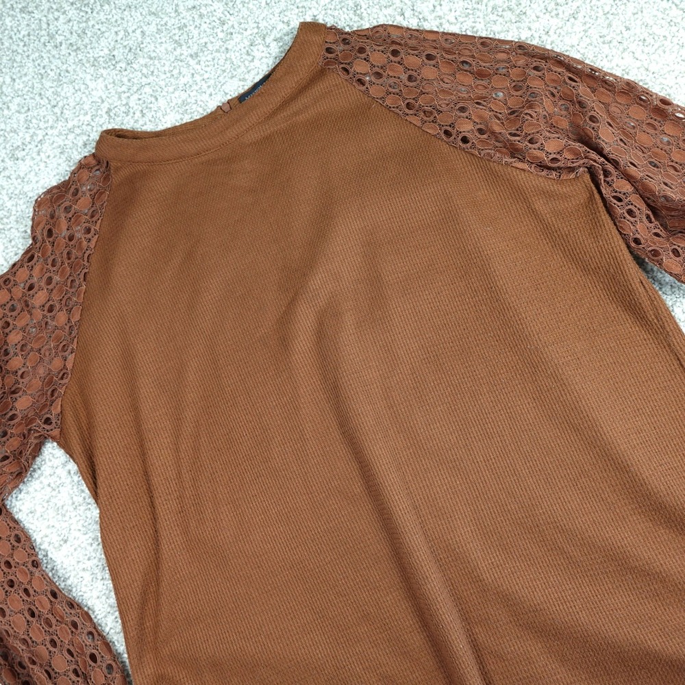 Miholl Rust‎ Brown Waffle Knit Lace Crochet Raglan Sleeve Top XL